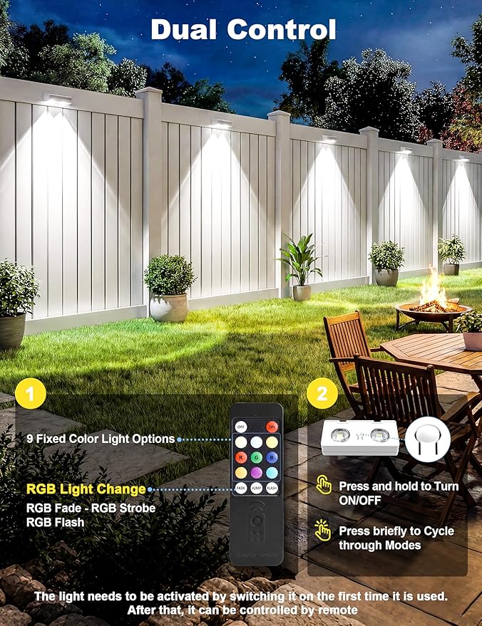 JOFIOS Solar Fence Lights Outdoor with Remote, 8 Pack, 9 Fixed Colors ＆ Color Changing Solar Lights Outdoor Waterproof IP65 Dusk-to-Dawn Vinyl Fence Lights for Patio, Railing, Pool, Porch, Backyard