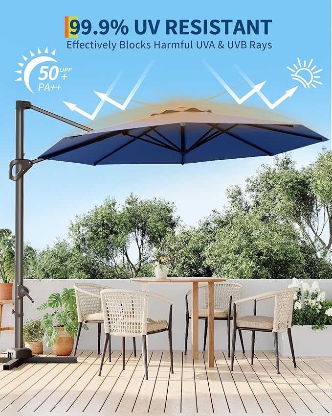 GarveeLife 10 ft Cantilever Umbrella Outdoor Patio Umbrella w/Base Included Market Offset Umbrella Sun Shade Windproof with 360-Degree Rotation for Patio Garden Deck Pool, Navy Blue