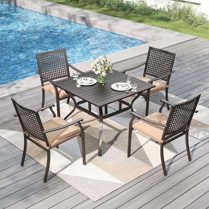 PHI VILLA Patio Dining Set for 4, 37" Metal Table & Chairs w/Cushions | 5 pcs black wrought iron square furniture set w/ umbrella hole. All weather for outdoor deck, yard, porch