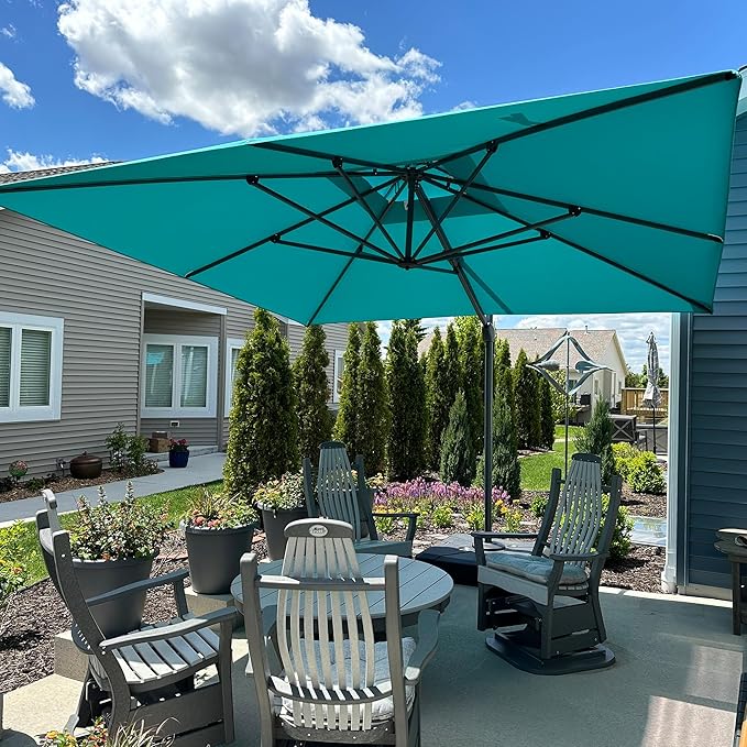 PURPLE LEAF 10ft Cantilever Outdoor Umbrella with Base Large Patio Umbrella Hanging Double Top Square Offset Umbrella with 360°Rotation Tilting Outdoor Patio Turquiose