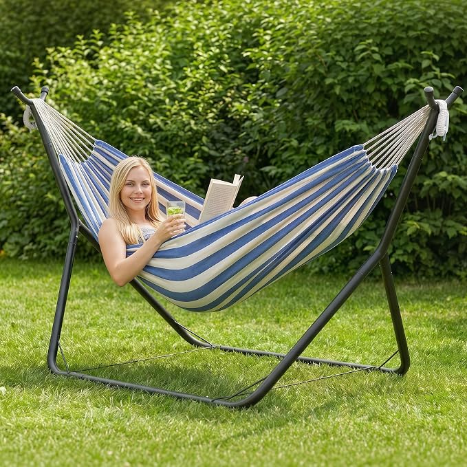 ANOW Two Person Hammock with Stand for Outside, Space Saving Hammock Stand with Adjustable Height, 475 Lbs Capacity, Blue and White Stripe