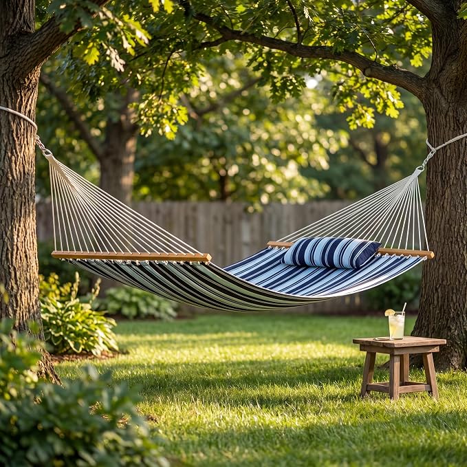 Hammock with Spreader Bar, Pillow & Chains, 450 lbs Capacity, Weather Resistant, for Patio, Backyard, Beach, Outdoor