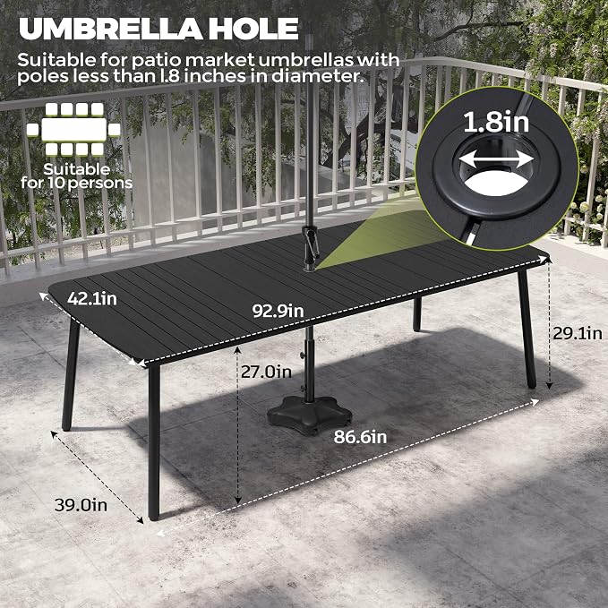 Crestlive Products Outdoor Dining Table for 8-10 People, 95in Patio Rectangle Table, Aluminum Frame with Durable Wood-Like Tabletop and Umbrella Hole Perfect for Patio, Garden, and Lawn