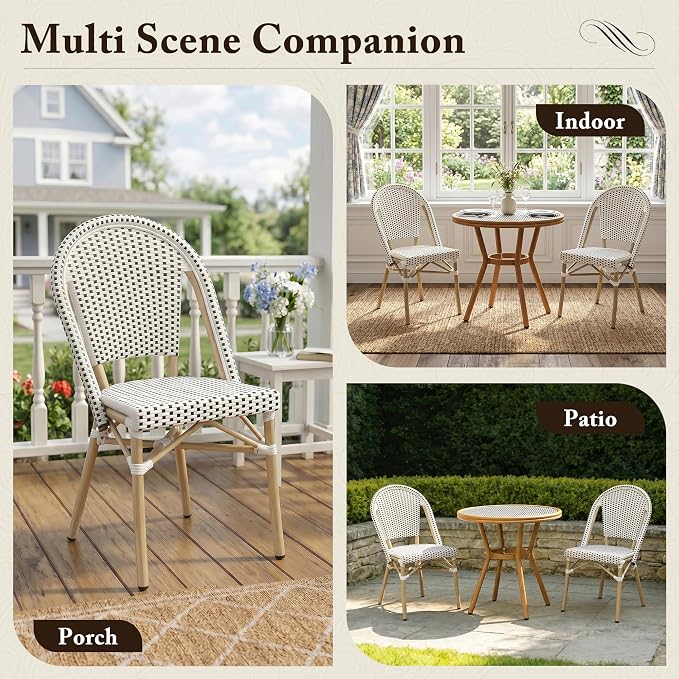 PURPLE LEAF 3-Piece French Bistro Dining Set Round Outdoor Patio Table and 2 Armless Chairs Tempered Glass Top PE Rattan Champagne Print Finish Aluminum Frame White