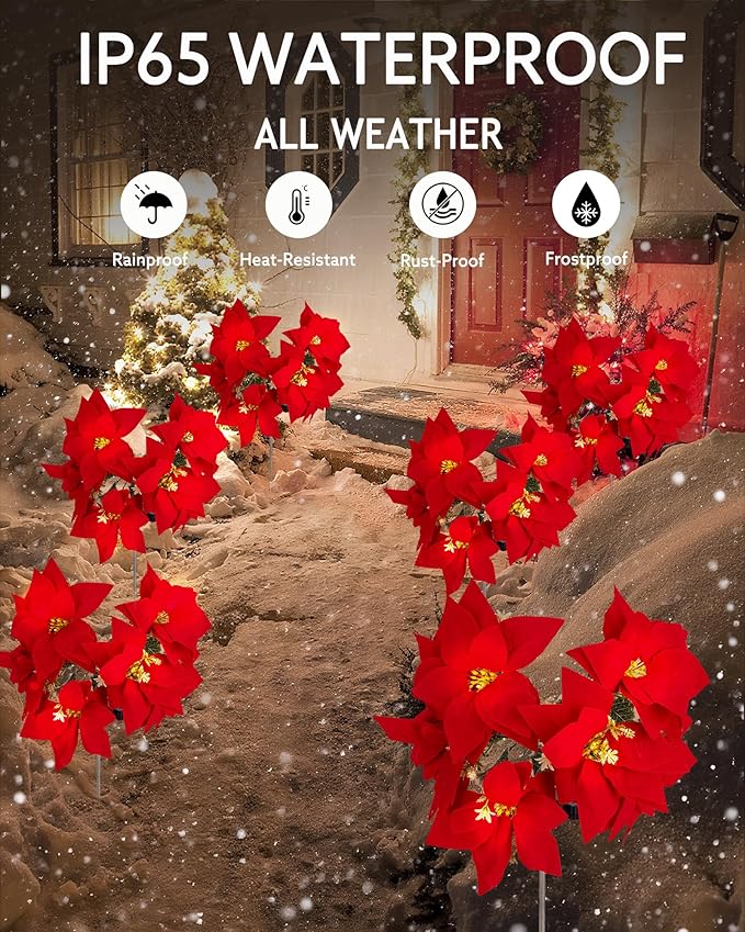 Solar Christmas Flower Lights-IP65 Waterproof XS Pathway Lights,Outdoor Christmas Decorations with 7 Bouquets/1 Stake,Unique Flower Design Complement the Christmas Trees for Garden/Yard/Patio,4 Packs