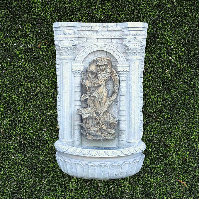 XBrand 30.3" Solar-Powered Wall Fountain with Gold Flower Maiden Statue, Antique Stone Waterfall Design for Garden, Yard Décor & Bird Bath, Polyresin
