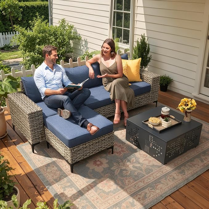 CAODOC 5-Piece Patio Furniture Set with L-Shape Sofa Chaise, Outdoor Sectional Couch Solar Table, Modern Modular Wicker Rattan Conversation Set