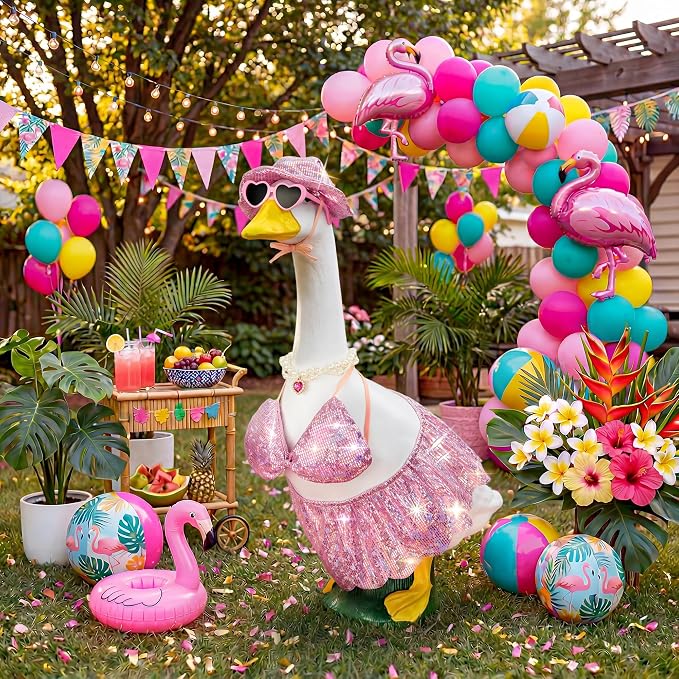 Pink Bikini Goose Clothes Set with Sunglasses Necklace Hat, Pink Sequin Swimming Suits Porch Goose Outfits for 23 Inch Goose Statue, Summer Pool Party Garden Decor (Pink)