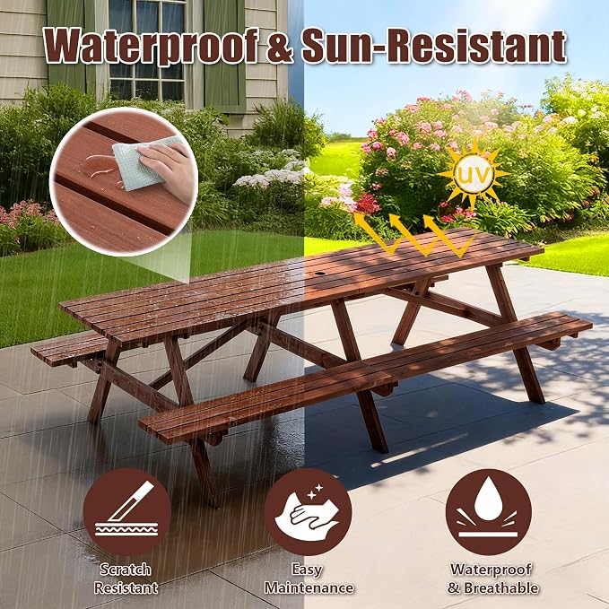 Hohuqeri Picnic Table Bench Set for 12 Persons, 8FT Large Camping Table, Wood Outdoor Dining Beer Table Set with 2” Umbrella Hole for Patio Lawn Garden (Brown)