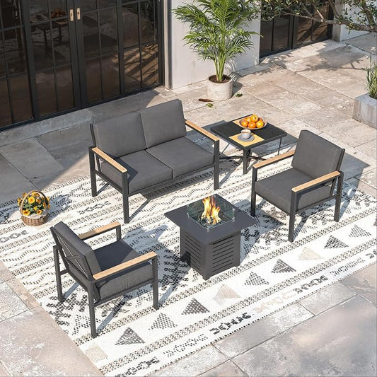 5-Piece Patio Furniture Set with Fire Pit Table & Coffee Table & Removable Washable Cushions, All-Weather Metal Frame and Wood-Like Armrests for Porch, Garden, Balcony,Black