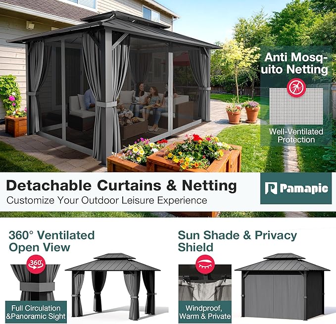 PAMAPIC 10x12FT Hardtop Gazebo,Galvanized Steel Double Roof with Aluminum Frame,Outdoor Permanent Pavilion with Breathable Netting & Privacy Curtain for Patio,Backyard,Deck,Lawn,Gray