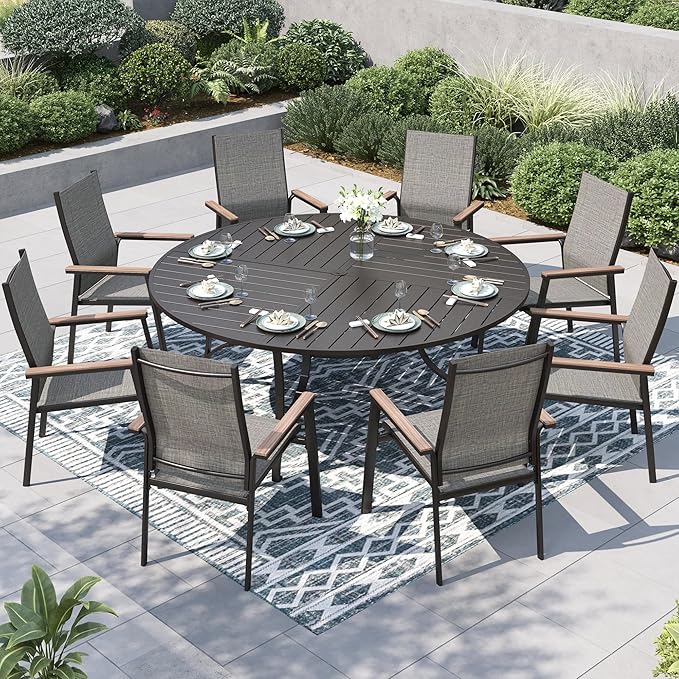 PHI VILLA Outdoor Dining Set for 8, Round Patio Table and Chairs Set, 9 Piece Patio Furniture Set with Metal Table & Lightweight Stackable Chairs for Deck Yard Garden