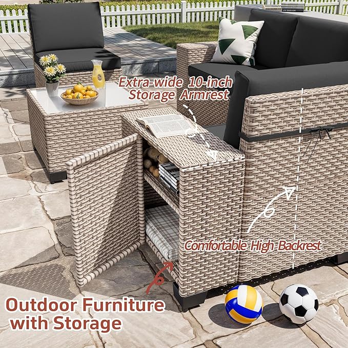 6 Pieces Patio Furniture Set, Outdoor Sectional Wicker Sofa with Thickened Cushions and Coffee Table, High Back Rattan Patio Conversation Sets for Garden Backyard, Black
