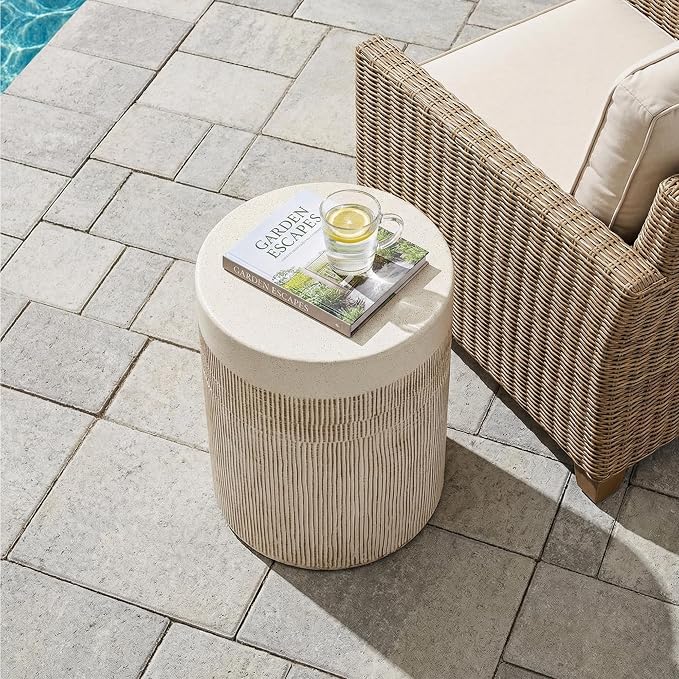 HOMPUS Outdoor Side Table Set of 2, Concrete Side Table w Vertical Thread | Patio Round Accent Coffee Table, Lightweight MgO Garden Tool for Patio, Porch and Deck, Light Beige