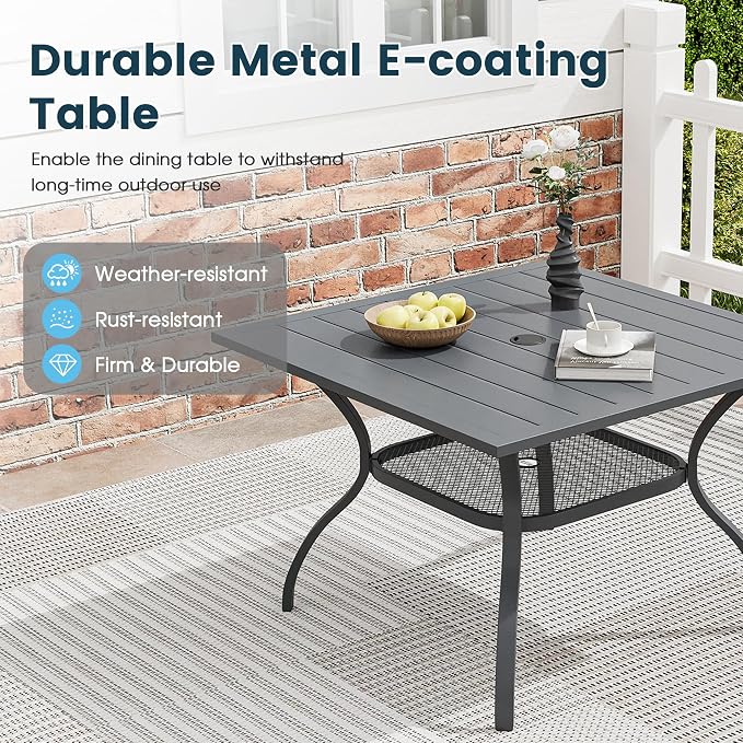 5 Pieces Outdoor Patio Dining Set, 37.8" All Weather Square Metal Table with Umbrella Hole and Storage Shelf, 4 High Back Textilene Swivel Chairs for Garden, Lawn, Grey