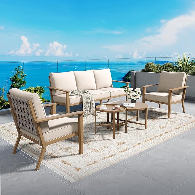 Patio Conversation Set,5 Pcs Metal Outdoor Furniture with 3-Seater Sofa,2 Single Chairs,Metal Nested Table and 5.75" Extra Thick Cushion for Lawn Garden Backyard,Beige