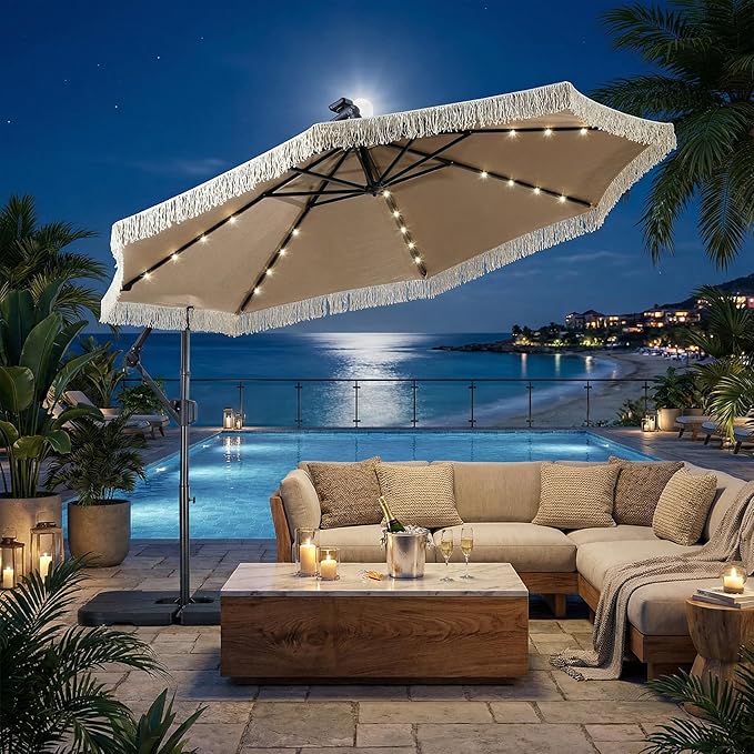 MONDAWE 10FT Cantilever Patio Umbrella with Tassels, 360° Rotation Offset Outdoor Umbrella, Heavy Duty Backyard Shade Umbrella with 180G Fabric for Patio Garden Deck