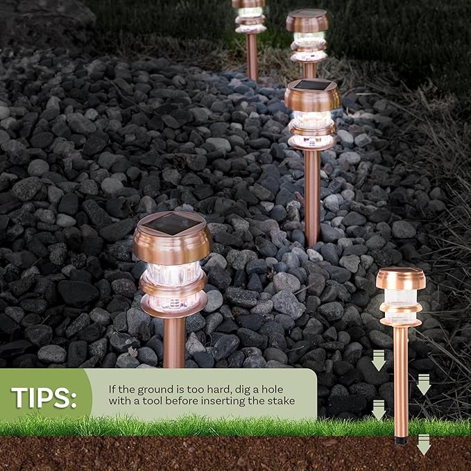 Outdoor Solar Lights - 4-Pack Stainless-Steel LED Lights for Gardens, Pathways, and Patios - Weather-Resistant Stake Lighting by Pure Garden (Copper)
