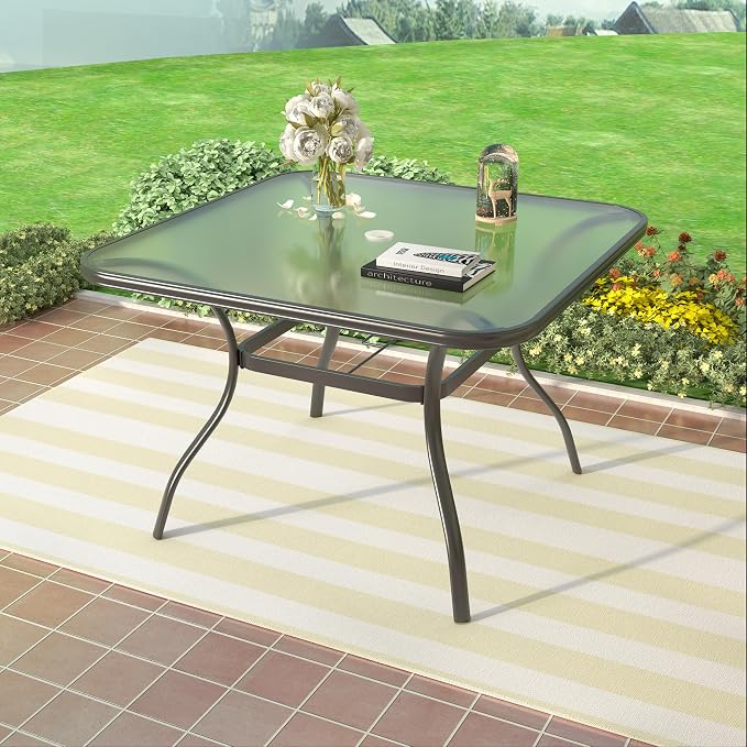 Outdoor Dining Table with Tempered Glass & 1.7" Umbrella Hole, 4 Person Patio Table for Garden Backyard Poolside