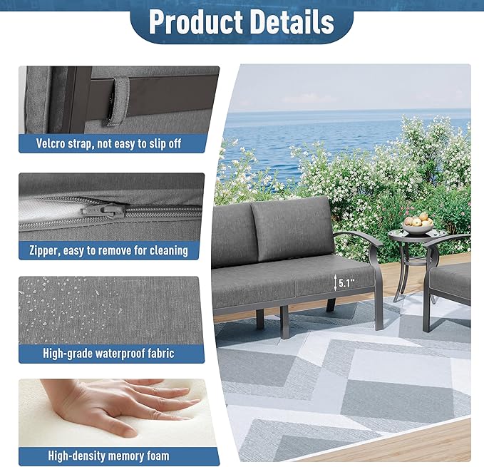 Kurapika Aluminum Patio Furniture Set 5-Seat Modern Metal Outdoor Conversation Sets w/5.1 Inch Cushion Patio Sectional Sofa with 2 Round Coffee Tables, Grey