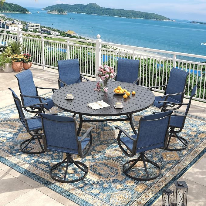 Outdoor Dining Set for 8, 60.1" Metal Round Outdoor Dining Table with Umbrella Hole and Sling Patio Swivel Chairs, 9 Pieces Patio Table and Chairs Set for Garden, Dark Blue and Black