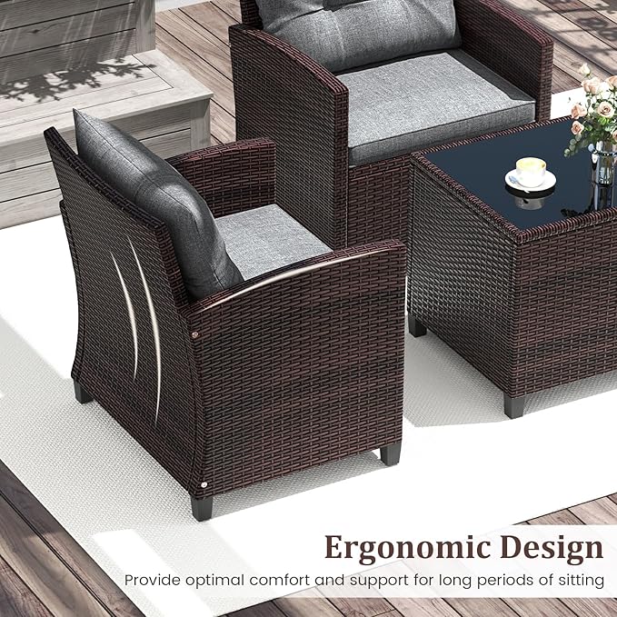 3 Pieces Wicker Patio Furniture Set, Outdoor Sofa Set with Water-Resistant Cushion & Tempered Glass Table, Outdoor Conversation Set Bistro Set for Garden, Balcony, Poolside(Gray)