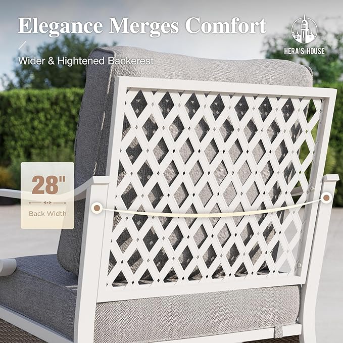 HERA'S HOUSE 5 Piece Metal Patio Furniture Set, 7 Seats All Weather Outdoor Conversation Set, 3 Seat Sofa with Loveseat, 2 Swivel Chairs, Coffee Table for Backyard, Garden, Deck, White/Grey