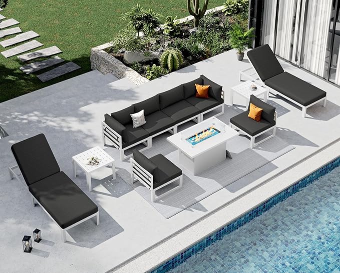 NICESOUL 11 Piece Modern Aluminum Outdoor Patio Furniture Set with Lounger & Fire Pit Table, Large All-Weather Modular Sectional Couch, 29" Wide Deep Seating Conversation Sofa for Poolside, Dark Gray