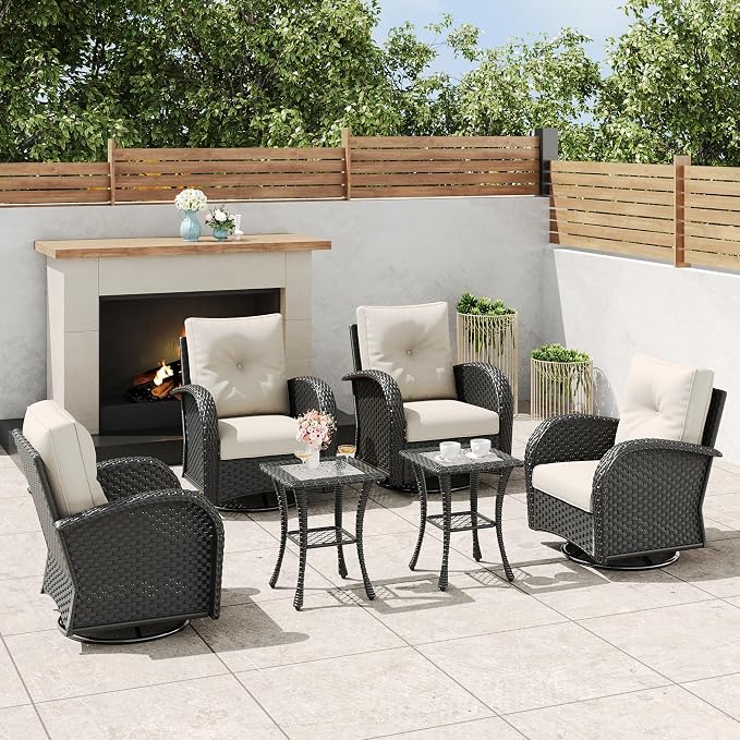 6 Pieces Outdoor Wicker Patio Swivel Rocking Chairs, All Weather Wicker Conversation Set with Side Table
