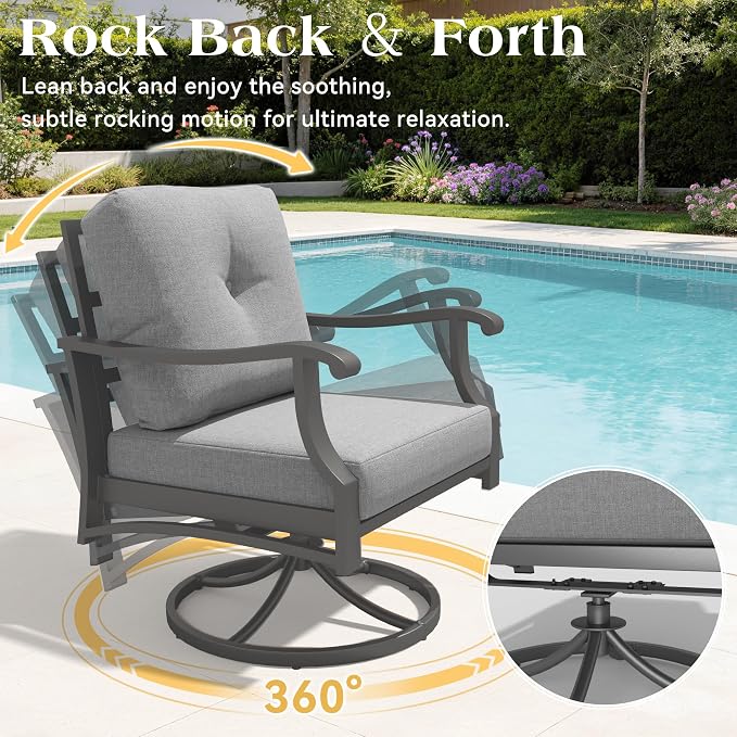 Outdoor Swivel Rocking Chairs, 3 Piece Metal Patio Rocking Chair w/Coffee Table, Aluminum Patio Bistro Furniture Set with 5" Thickened Cushions for Porch, Backyard, Balcony, Gray