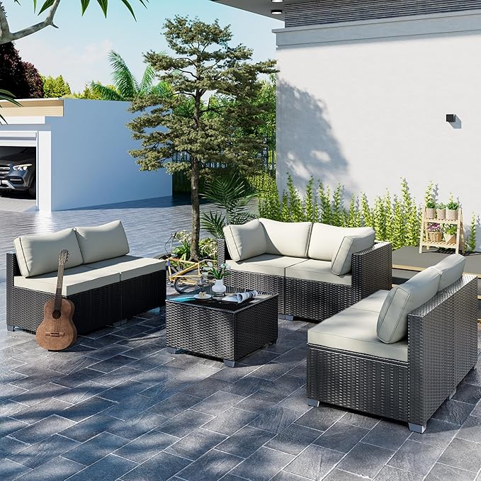 7-Piece Outdoor Patio Sectional Sofa Set – PE Wicker Rattan Conversation Furniture with Coffee Table, Cushions & Clips, Modular Patio Couch for Porch, Poolside, Backyard, Garden – Black Rattan