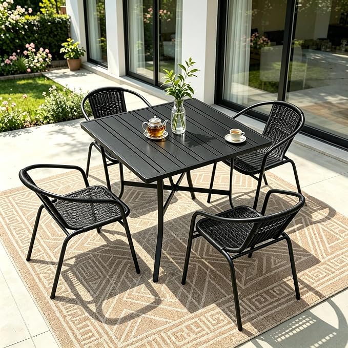 4-Person Small Metal Square Table for Outdoor Patio, Sturdy Backyard Dining Table with Slatted Top & Umbrella Hole, Modern Weatherproof Table for Lawn, Poolside & Balcony