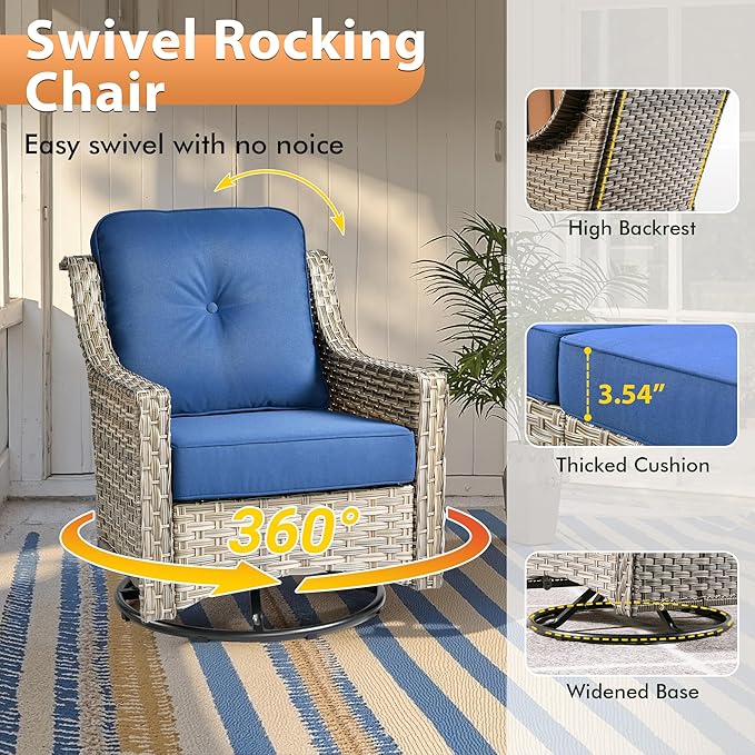 6 PCS Outdoor Patio Furniture Sets,Patio Conversation Sets Outside Rattan Soft Cushion Sofa with 2 Wicker Rocking Chairs & 54 in Fire Pit Table Fit Backyard Porch Garden Poolside Balcony,Navy Blue