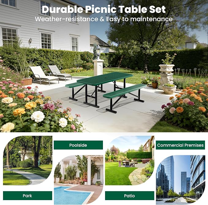 6FT Metal Picnic Tables for Outdoors, Commercial Rectangular Picnic Table for Outside, Park, Campfield, Patio, Garden, Yard, Thermoplastic Coating, Surface Mounted, Green