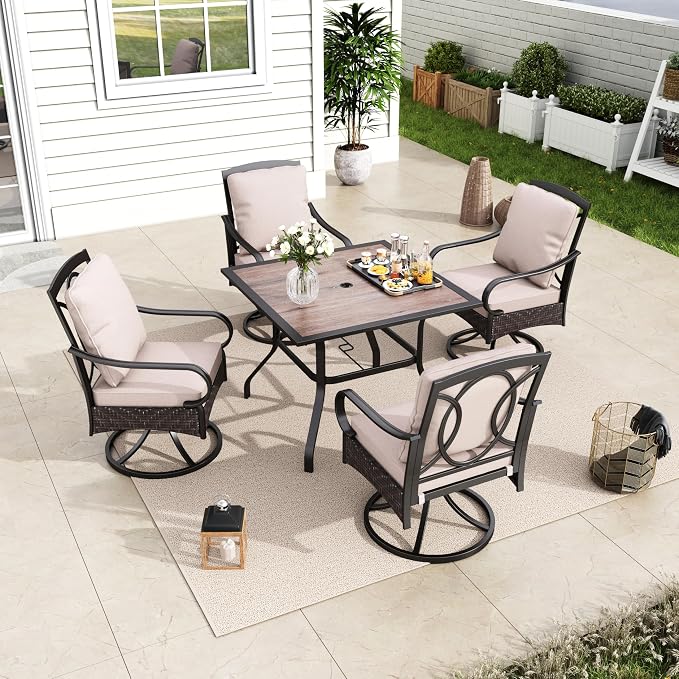 MFSTUDIO 5 Piece Patio Dining Set, Outdoor Table and Chairs for 4, Square Metal Dining Table Set with Swivel Chairs, 5 Pieces Outdoor Dining Furniture Set for 4, 1.57’’ Umbrella Hole