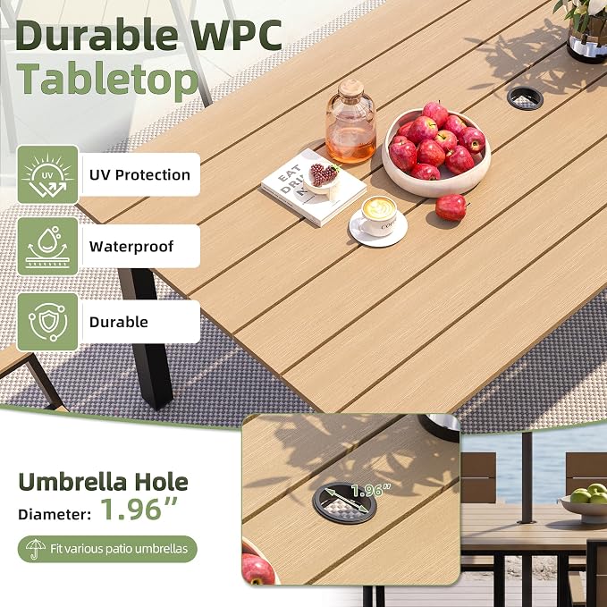 Outdoor Table and Chairs for 4 Aluminum Patio Dining Set with Umbrella Hole | All Weather,HDPS Material,Oversized,5 Piece,for Backyard,Rot-Fade-Crack Proof,Maintenance-Free,Sturdy,Heavy-Duty,Chocolate