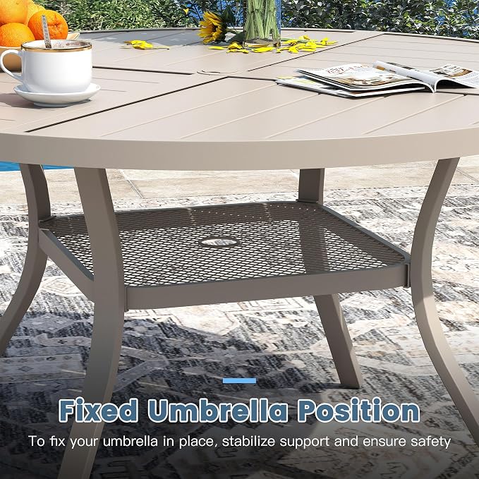 DIFY 5 Pieces Outdoor Dining Set, Metal Patio Table and Chairs Set for 4 with Umbrella Hole, 40.6" Round Outdoor Table and Textilene Swivel Patio Chairs for Garden, Backyard, Poolside, Sandshell