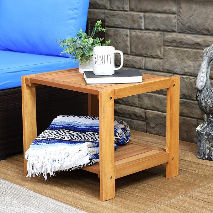 Sunnydaze 20-Inch Outdoor Side Table for Patio or Porch – Wooden Adirondack End Table with Umbrella Hole – Ideal for Holding Drinks & Balcony Essentials - Meranti Wood with Teak Oil Finish