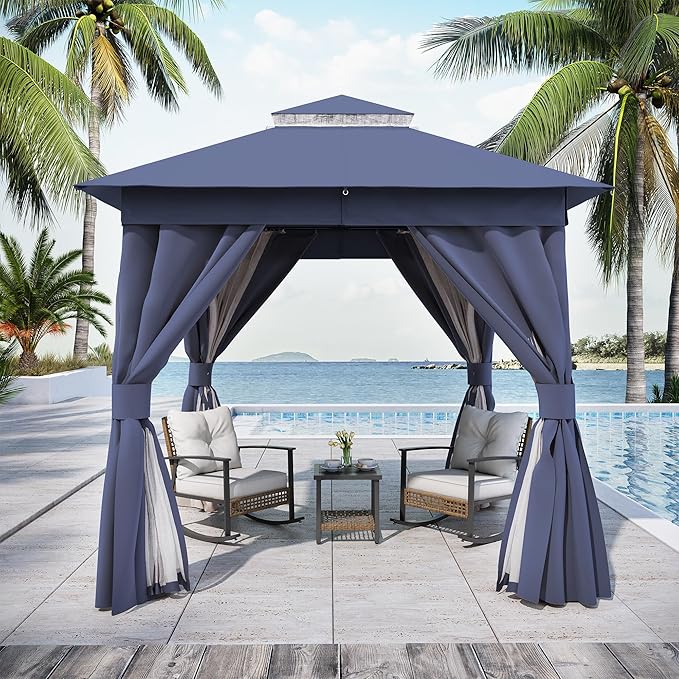 LAUSAINT HOME Patio Gazebo 8'x8', Outdoor Heavy Duty Party Tent Shelter with Double Roofs, Mosquito Nettings and Privacy Screens for Backyard, Garden, Lawn, Navy Blue