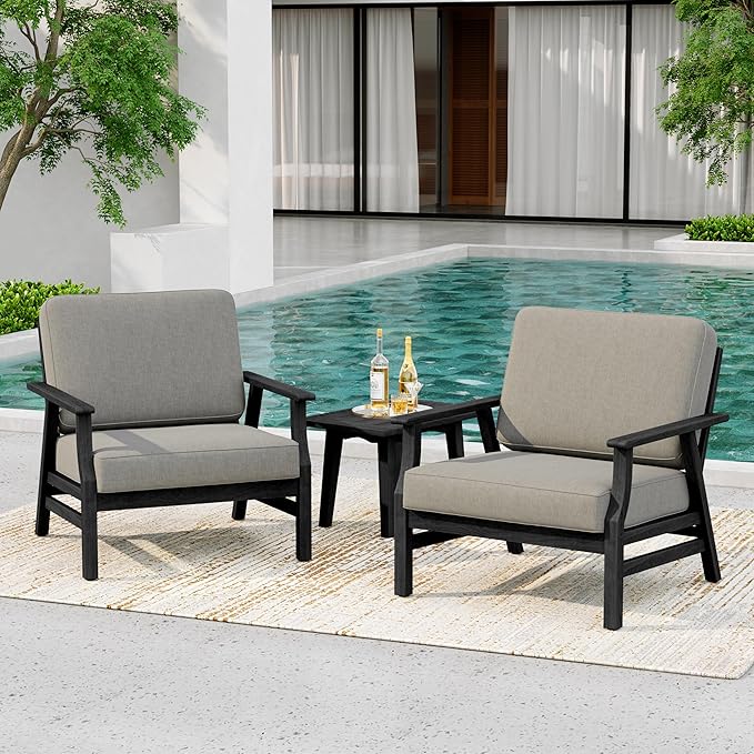 4 Pieces Patio Furniture Sets, Black Wood Outdoor Sectional Furniture with Coffee Table, 4 Seats Patio Sofa Couch Conversation Set for Backyard Deck - Light Camel