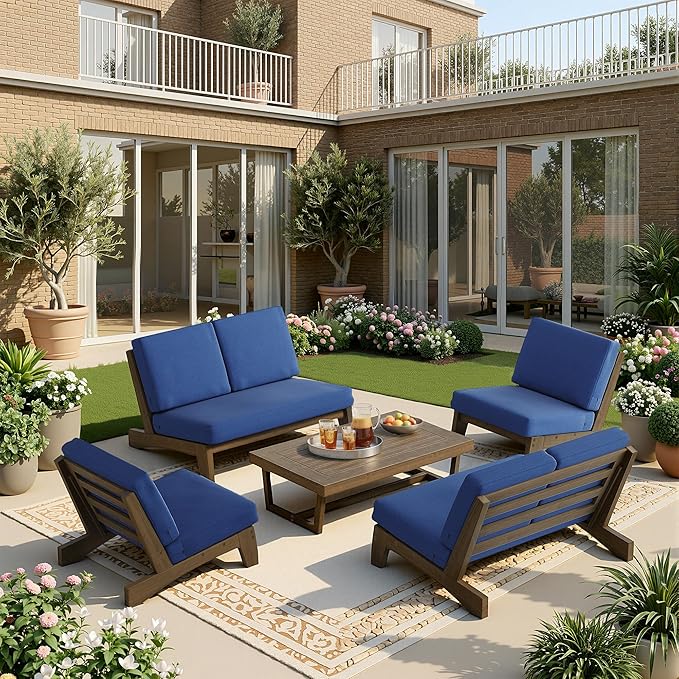 UIXE 7 Pieces All Weather Wood Patio Furniture Sets, 2 Patio Loveseat, 4 Patio Bistro Chair, Outdoor Sectional Sofa Furniture Backyard Conversation Set with Coffee Table - Navy