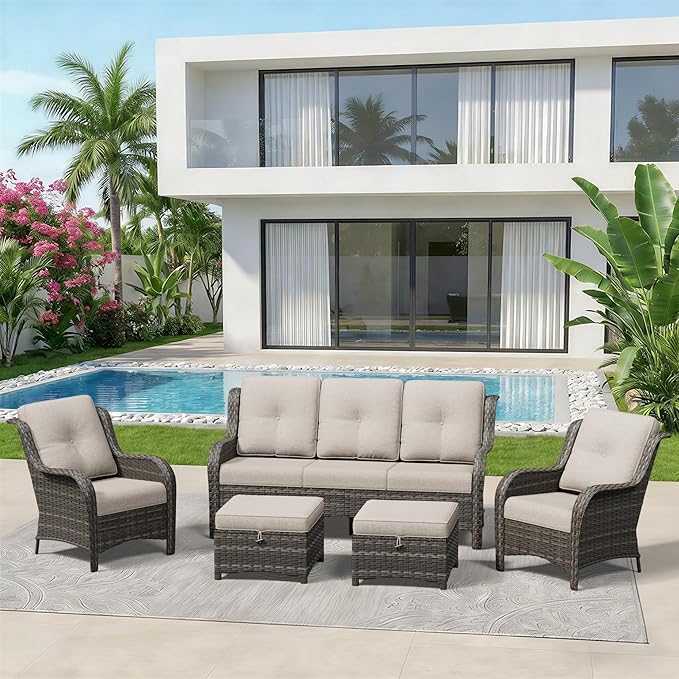 5 Piece Outdoor Wicker Patio Furniture Set, Patio Chairs Set with Thickened Olefin Cushions, High Back and Deep Seating, Hand-Woven PE Rattan, Ottoman for Porch, Deck