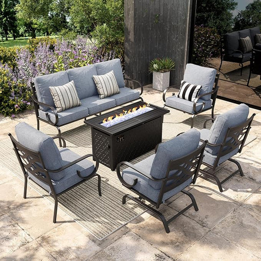 Sophia & William Patio Conversation Set for 7, 3-Seater Sofa, 2 Fixed Chairs, 2 Rocking Chairs and a 45" Fire Pit Table, Metal Outdoor Furniture with 5.75" Extra Thick Cushions, Grey