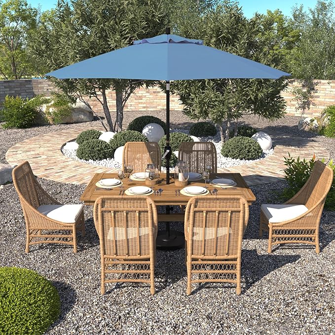 California Umbrella 9' Round Aluminum Market Umbrella, Crank Lift, Push Button Tilt, Black Pole, Pacifica