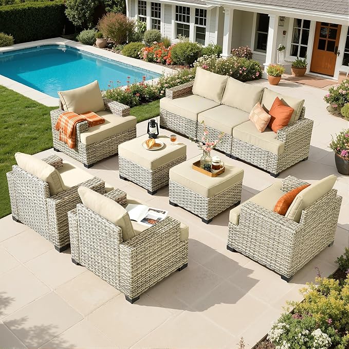 Outdoor Sectional Patio Furniture Set,9 Pieces All Weather Rattan Wicker Conversation Sets,Out Door Furniture with Ottoman Single Chair,Beige