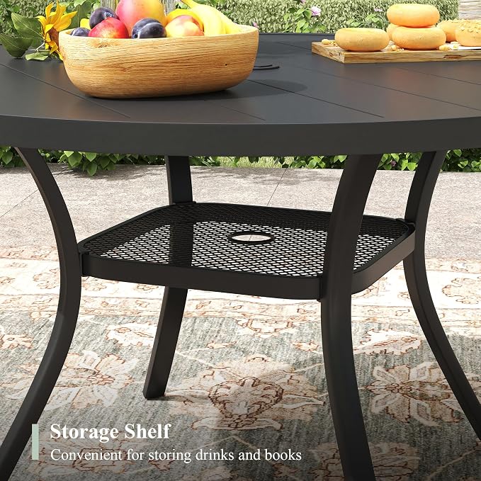 Outdoor Dining Set for 4, 40.6" Metal Round Outdoor Dining Table with Umbrella Hole and Sling Patio Swivel Chairs, 5 Pieces Patio Table and Chairs Set for Garden Backyard, Dark Blue and Black