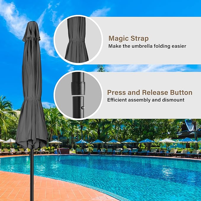 HealSmart 9' Patio Table Umbrella with Button Tilt, 8 Sturdy Ribs, 50lbs Base Stand Included, for Garden, Backyard, Deck, Pool, Gray