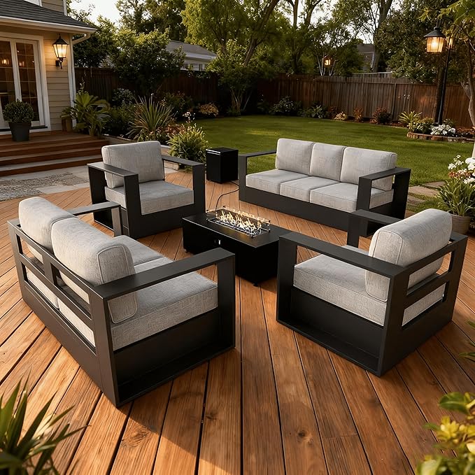 LayinSun Oversized Aluminum Outdoor Furniture Set, 5 Piece Patio Sofa Sets with Fire Pit Table, Deep Seating and Upgraded 6-inch Cushions for Porch, Balcony, Deck