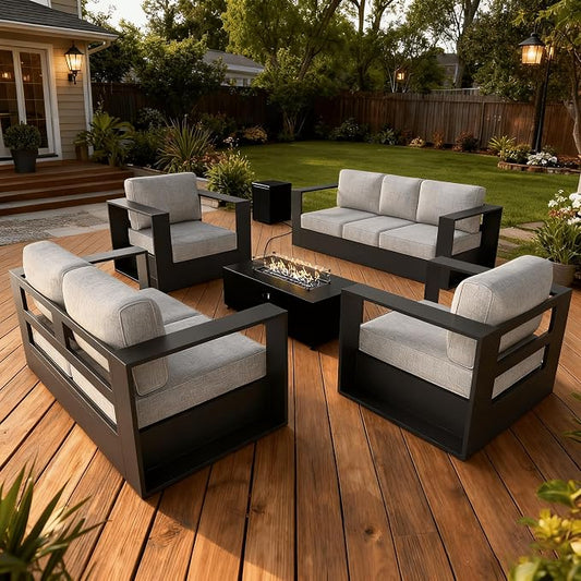 LayinSun Oversized Aluminum Outdoor Furniture Set, 5 Piece Patio Sofa Sets with Fire Pit Table, Deep Seating and Upgraded 6-inch Cushions for Porch, Balcony, Deck