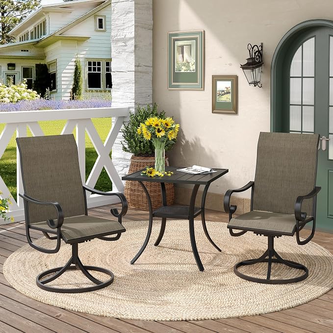 DIFY 3 Pieces Outdoor Patio Dining Set for 2, 27.6" Small Black Square Metal Dining Table and 2 Brown Swivel Patio Dining Chairs, Outdoor Table and Chairs for Backyard Porch Poolside